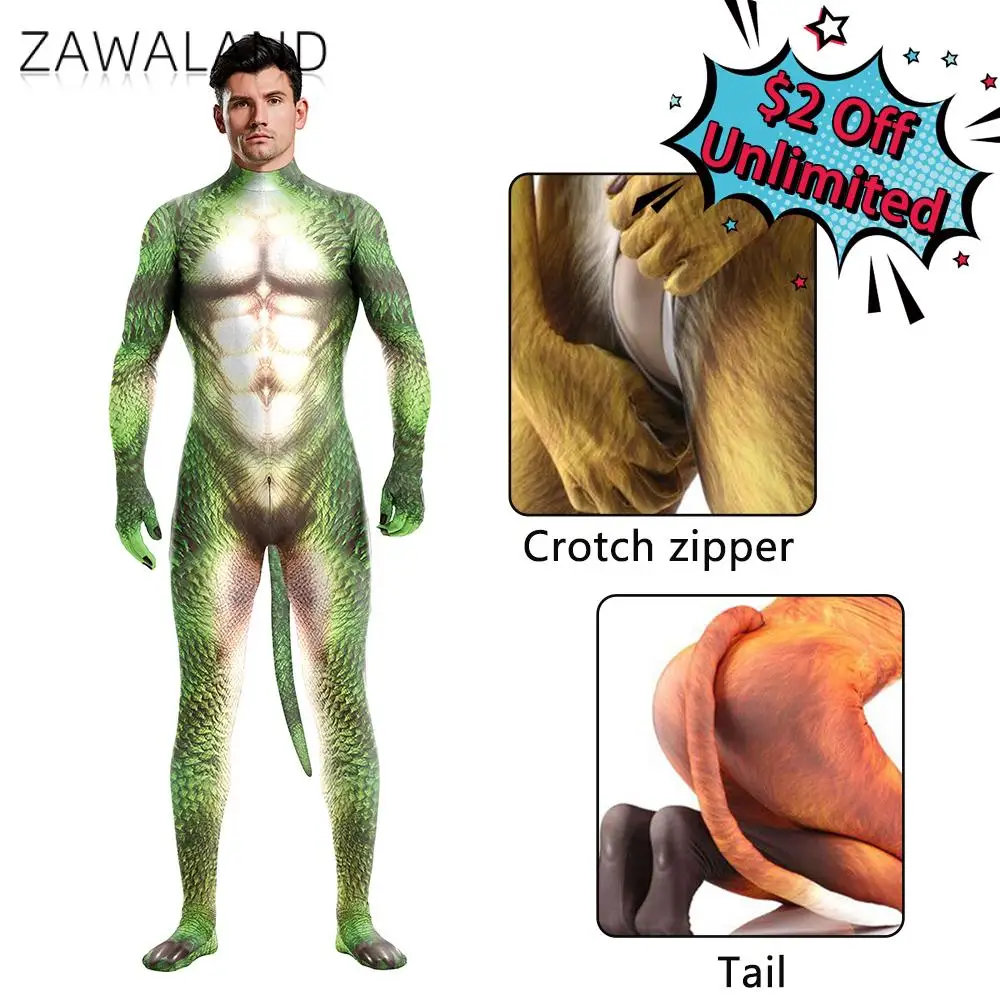 Zawaland Halloween Bodysuits Male Dinosaur Costume With Tail Full Cover Elastic Zentai Suit Cosplay Animal Dragon Print Catsuit