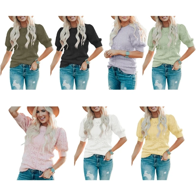 

Elegant Neck T shirt Modern Puff Short Sleeve Pullover Comfortable Sweaters