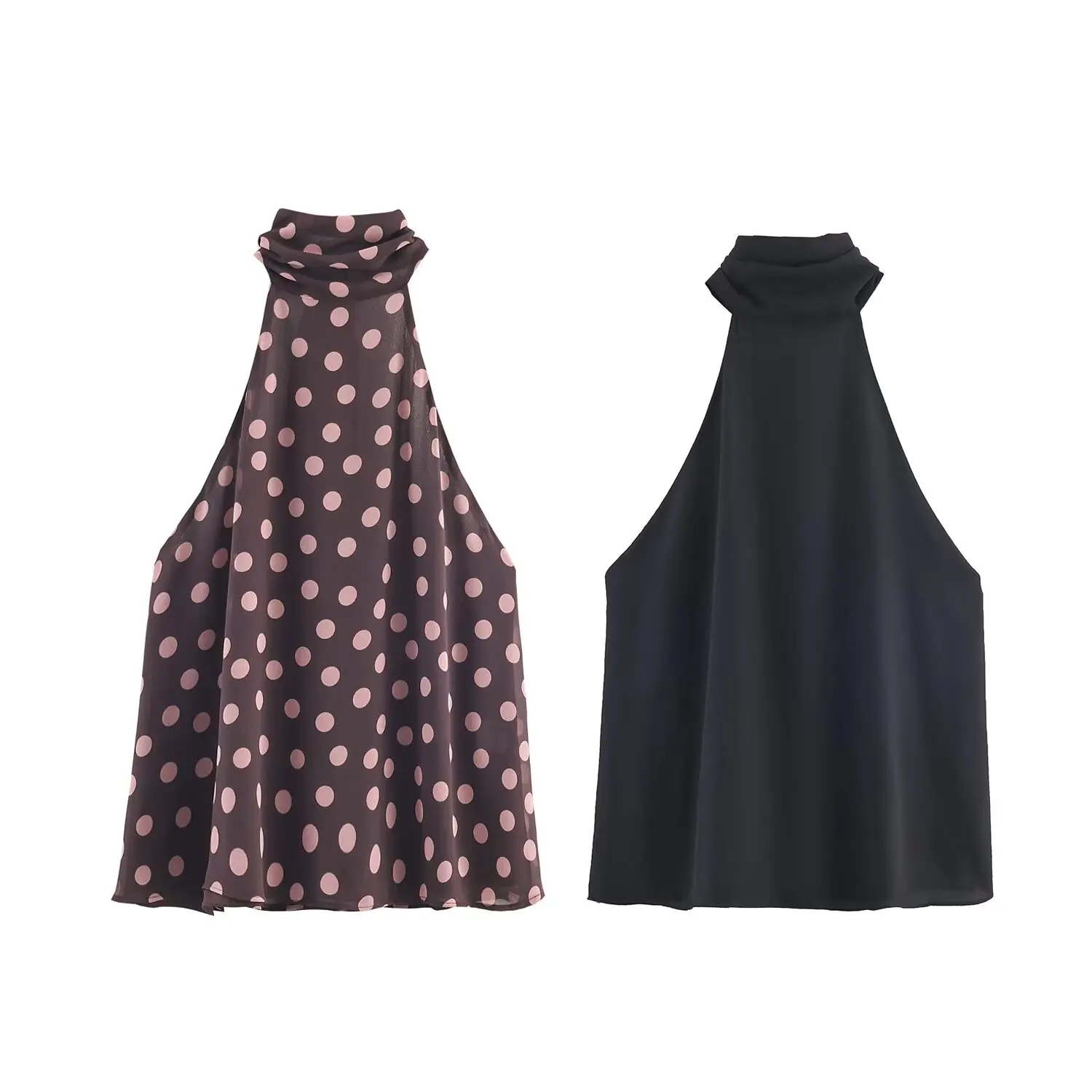 Women's Summer New Polka Dot Hanging Neck High Neck Top With Lace Up Design Lady Sleeveless Backless Sexy High Street Vest Top