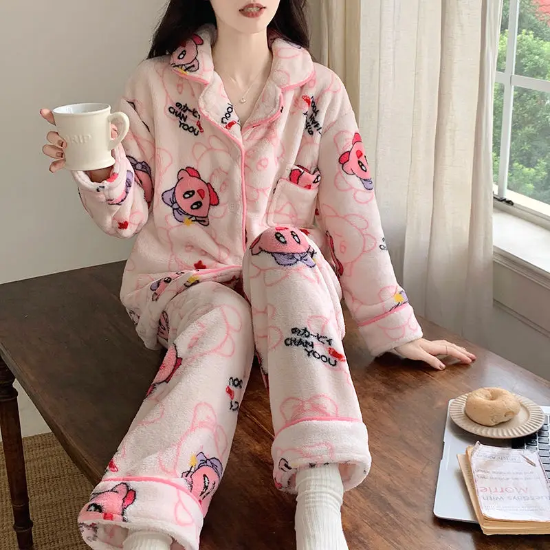 2024 New Cartoon Flannel Pajamas Women Winter Loungewear Cardigan Suit Female Sweet Leisure Long Sleeve Casual Nightclothes Set