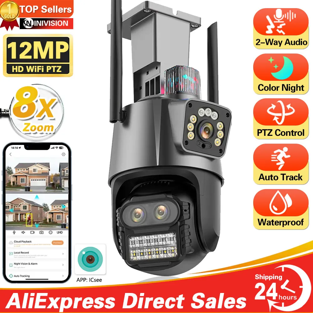 12Mp 8Mp Wifi Camera Ptz Protection Outdoor Three Lens Dual Screen 8X Zoom Security 4K Videosorveglianza Icsee Bluetooth Alexa