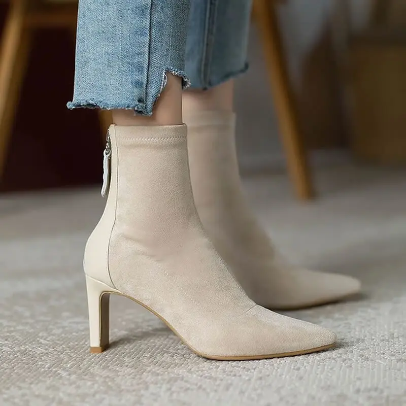 

Classic Thin Shoes Gentle Apricot Temperament Pointed Toe High Heels Socks Ankle Boots Back Zipper Elastic Short Boots for Women