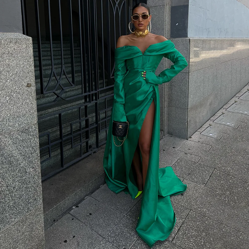 

Emerald Green Evening Dress Long Sleeves Off the Shoulder Sexy Party Gowns High Slit Drapd Mermaid/Trumpet Women's Prom Robe