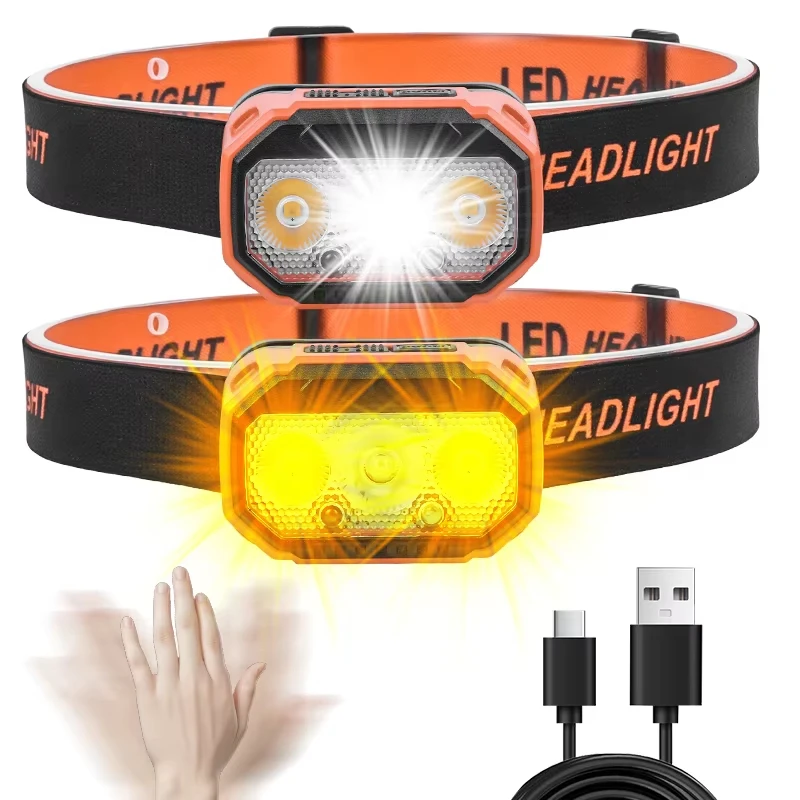 USB 충전식 LED 헤드램프, 6가지 모드를 갖춘 매우 밝은 헤드라이트, USB 충전, 45 °   조절 가능하고, 오래 지속되며, 캠핑, 러닝에 적합합니다.