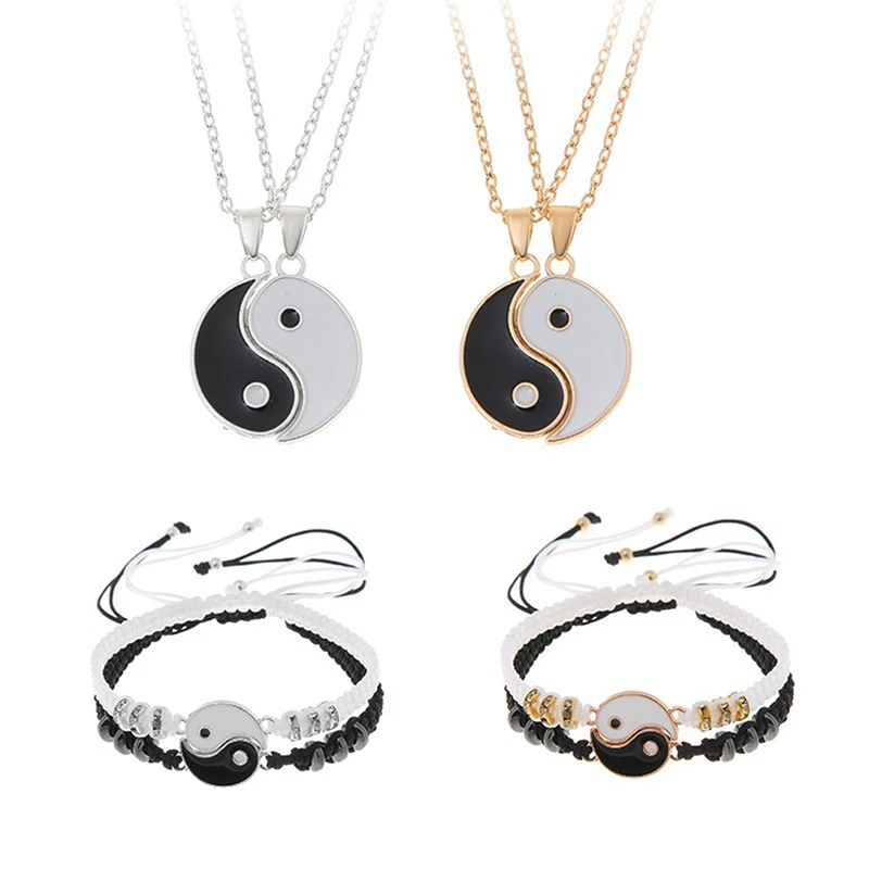2Pcs Tai Chi Yin Yang Couple Bracelets Necklaces Set Pendant Adjustable Braid Chain Bracelet Matching Lover Bracelets Choker bangle bracelet chain bracelet woven bracelets