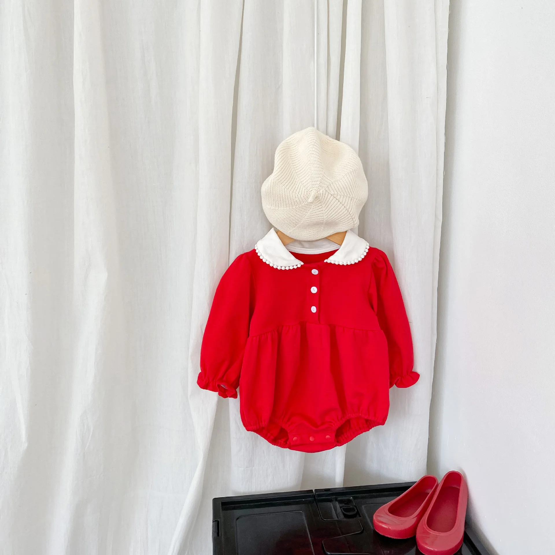 

Korean Style Baby Romper Long Sleeved Solid Color Jumpsuit Girls Cotton Clothes Spring Autumn Red Kids Bodysuit Creeper