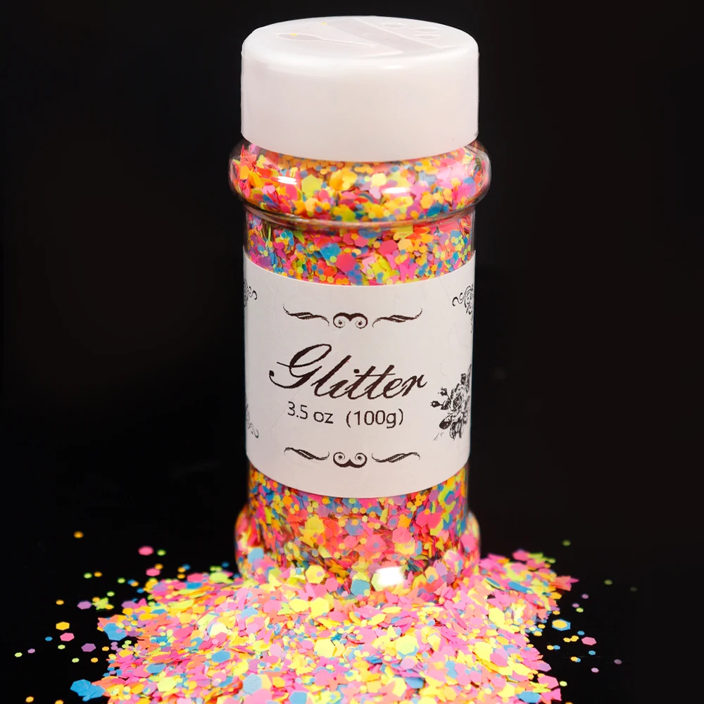 

100g /Bottle Chunky Glitter Mix Neon multi- color glitter mix for tumblers, resin, nail art UV Reactive Glitter Rainbow Glitter