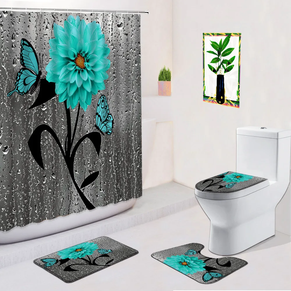

Teal Rose Flowers Shower Curtain Bathroom Curtains Set Butterfly Flower Bath Mats Toilet Lid Cover Anti-slip Carpet Home Decor
