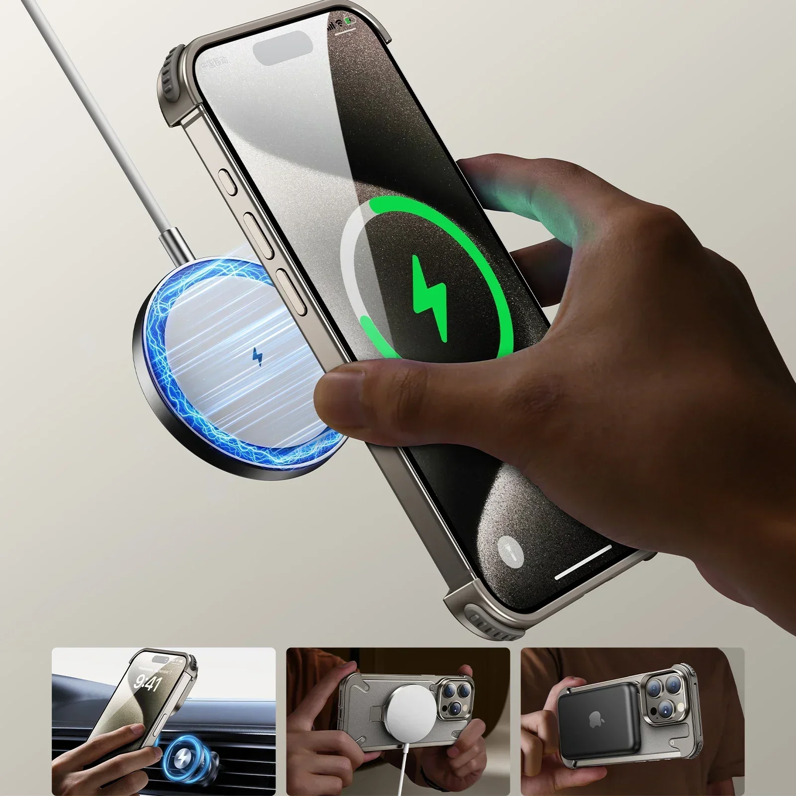 Eary Leather Phone Case for iPhone 15 14 13 12 Pro Max 15 Plus With 360° Holder Frameless for MagSafe Wireless Charging Bumper