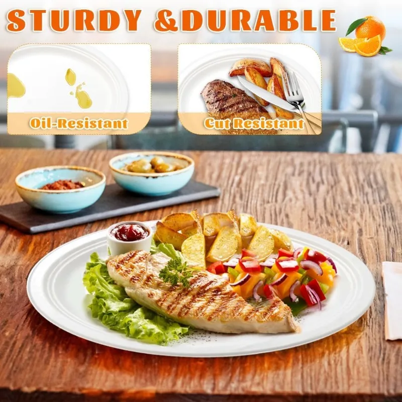 100 PCS Compostable Oval Paper Plates, 12.5 Inch White Bagasse Plates, Heavy Duty Disposable Dinner Platters for Restauran