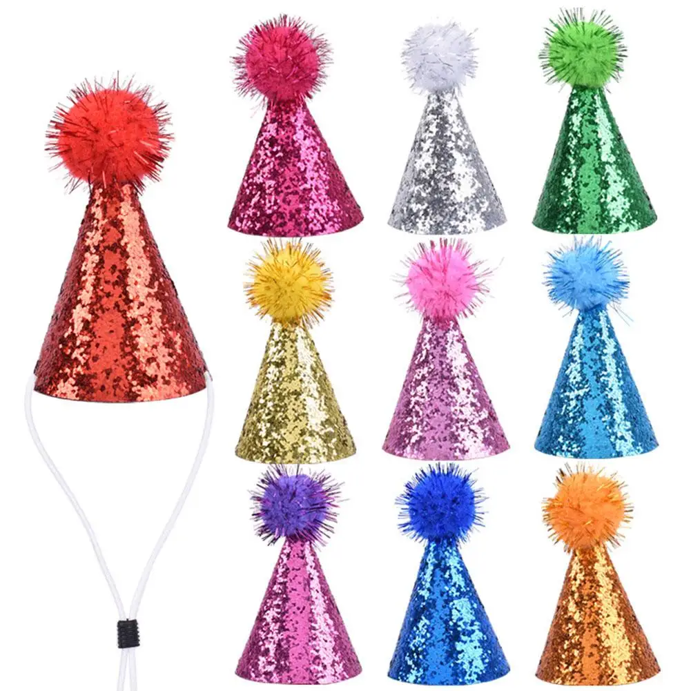 10PCS 다채로운 반짝이 애완 동물 생일 모자 조절 가능한 스트랩 귀여운 개 고양이 파티 모자 생일 축하를위한 사진 소품