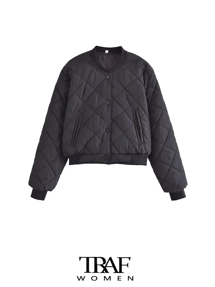 

TRAF Women Fashion Cropped Padded Jacket Coat Long Sleeve Snap-button Female Outerwear Chic Tops
