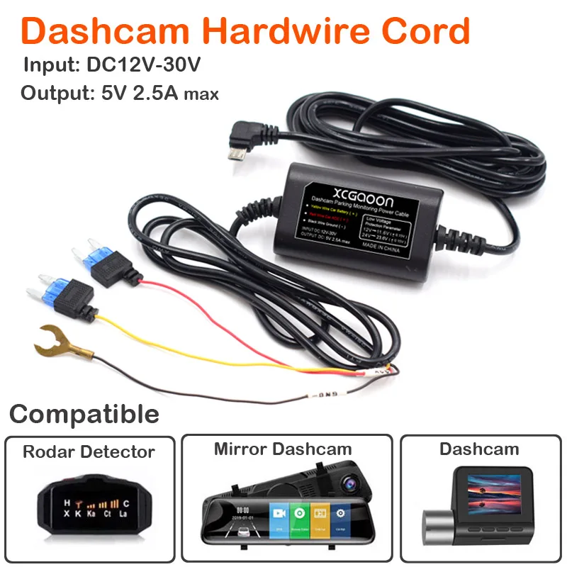 

CarDash Cam Wire DVR Hardwire Cable Kit Video Recorder 12V-24V To 5V 2.5A Mini Micro Type-C USB Charger Line Auto Dashcam Camera