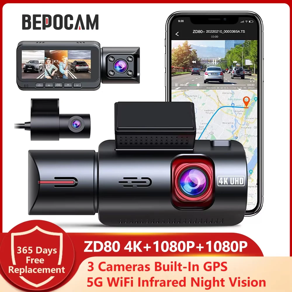 Dash Cam BEPOCAM ZD80 4K+1080P+1080P Dash Cam 3 Cameras Built-In GPS Tracker 5G WiFi Infrared Night Vision Car DVR Vehicle Dash Camera