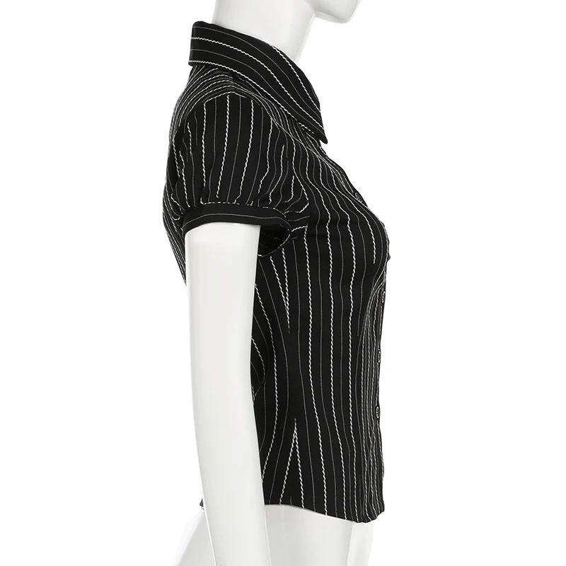 Black White Striped Button Tee Shirt Y2K Women Casual Puff Sleeve Fitted Crop Top Casual Retro Turndown Collar Tops