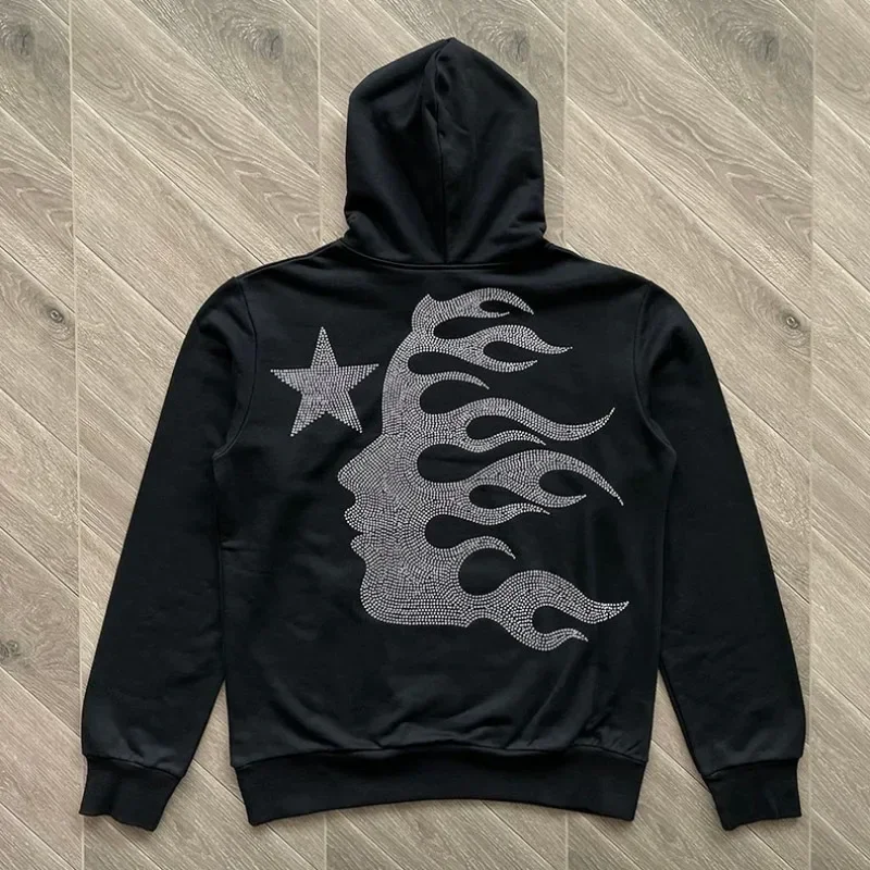 

24ss Hellstar Vintage Washed Hoodies 1:1 Best Quality Embroidered Rhinestone Women Hooded Pullovers Men Clothing