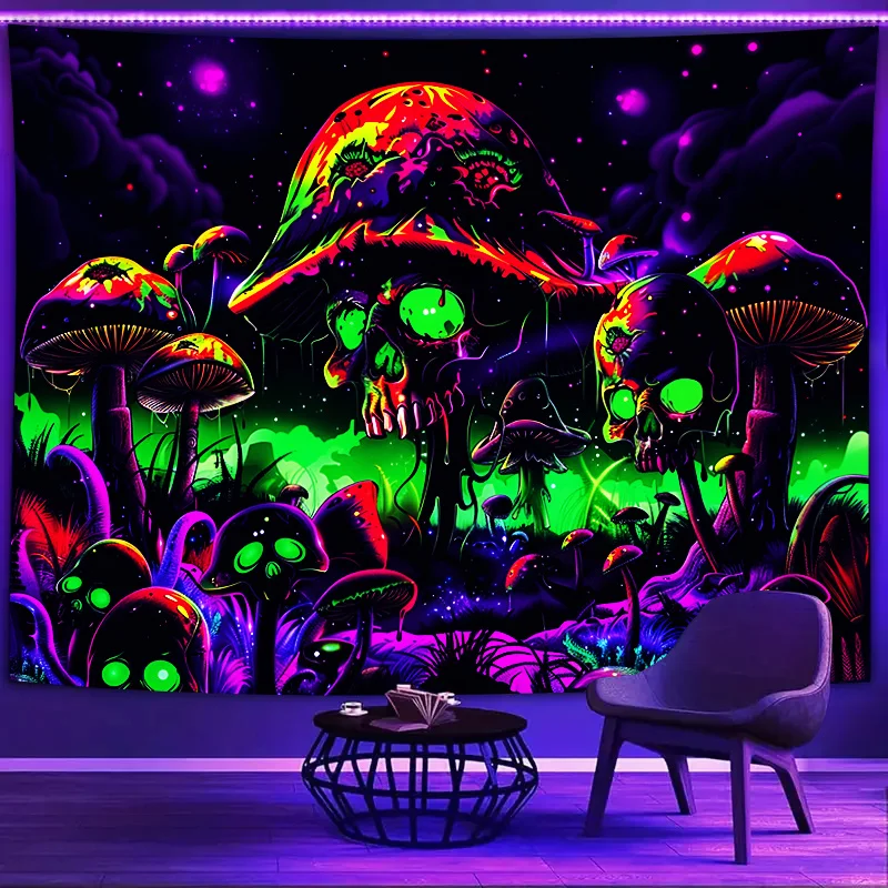 VIKAMA Psychedelischer Totenkopf-Pilz-Wandteppich, Farbverlauf, Musik, Partyzimmer, psychedelisches Thema, einzigartige Wohnzimmer-Dekoration – Detail 5