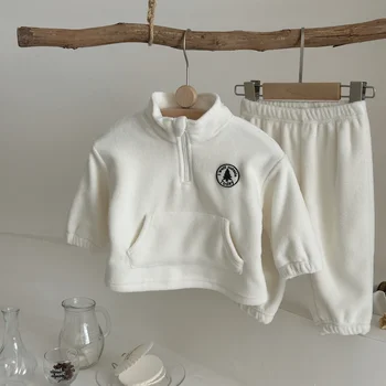 Thicken Warm Plush Children Sets Baby Boy Girls High Neck Badge Pocket Suits Autumn Winter Children Clothes 1