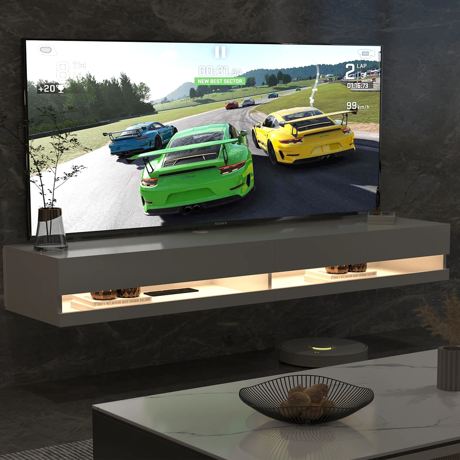 71" Floating TV Stand for 75/80" TV, Wall Mounted LED TV Stand w/Power Outlets, Modern High Gloss Media Console, White/Black 4