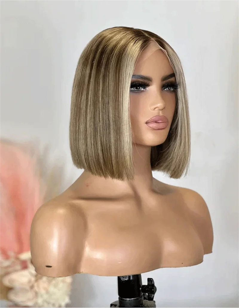 Ash Platinum Bob Wig Lace Front Wavy Highlights Synthetic Middle Part Dark Roots Heat Resistant Wigs For Women Wig Daily Wear