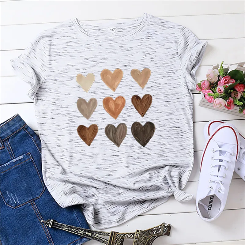 2022 Summer T Shirt 100%Cotton Women Shirt Fashion Heart Print T-Shirt O Neck Short Sleeve Tees Vintage Women Sexy Tops off white t shirt Tees