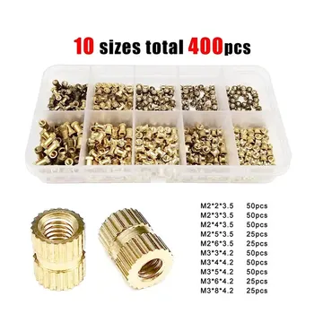 사출 성형 너클 인서트 너트 내장 너트 모음 키트 세트, M2 M3 솔리드 황동 구리, 10 믹스 사이즈, 총 400 개, 1 박스