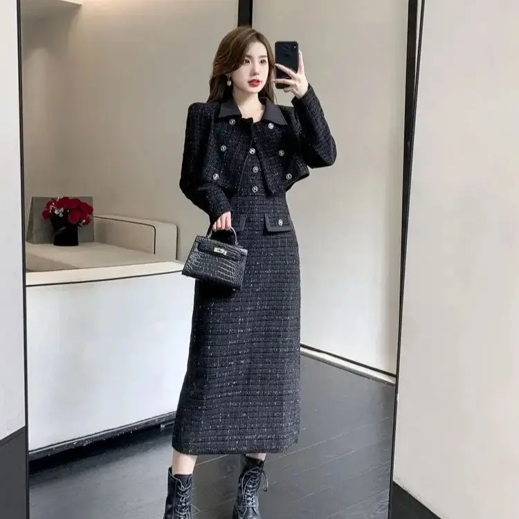 Two Piece Set Lapel Short Jacket Coat+Spaghetti Straps Dress Suit Women Outfits Vintage Luxury Tweed Two Piece Set