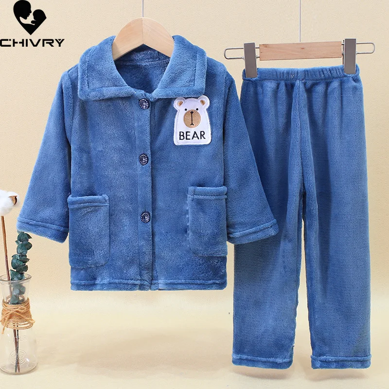 

Kids Soft Flannel Pajama Sets Boys Girls Autumn Winter Thicken Warm Home Wear Children Lapel Long Sleeve Sleeping Clothing Sets
