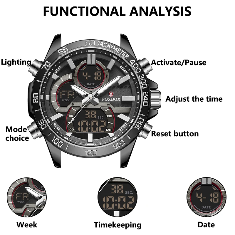 FOXBOX Men's Fashion Business Quartz Analog Digital Wristwatch Stainless Steel Luminous Chronograph Man Watch Relogio Masculino
