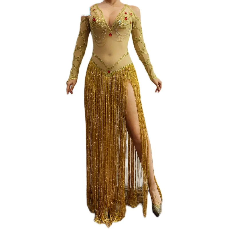 

Customized sexy Mesh golden tassels belly dance costume celebration performance dance wear Long tassels bod bar dance bodysuit