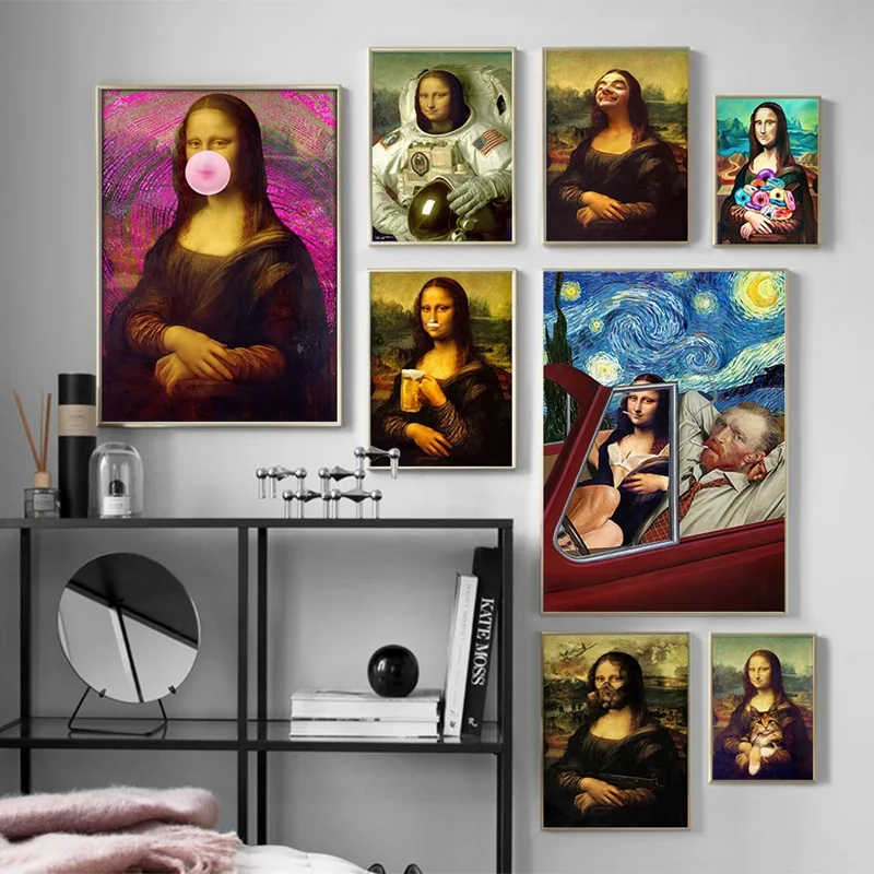 Funny Bathroom Toilet Decoration Painting Mona Lisa Wearing Pearls Girl with Roll Paper Canvas Prints Posters Home Wall Decor