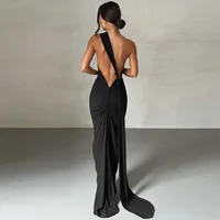 Women's One-Shoulder Sleeveless Maxi Dress Adjustable Scarf Loop Ruched Backless Bodycon Festival Party Outfit Elegant Long Gown - Image 6
