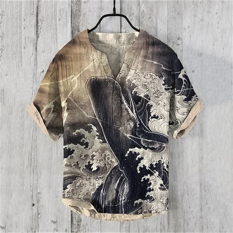 【oan】THE GREAT WAVE Short Sleeve T-shirt 2024 Summer Men's V-neck Short Sleeve T-shirt Casual Print