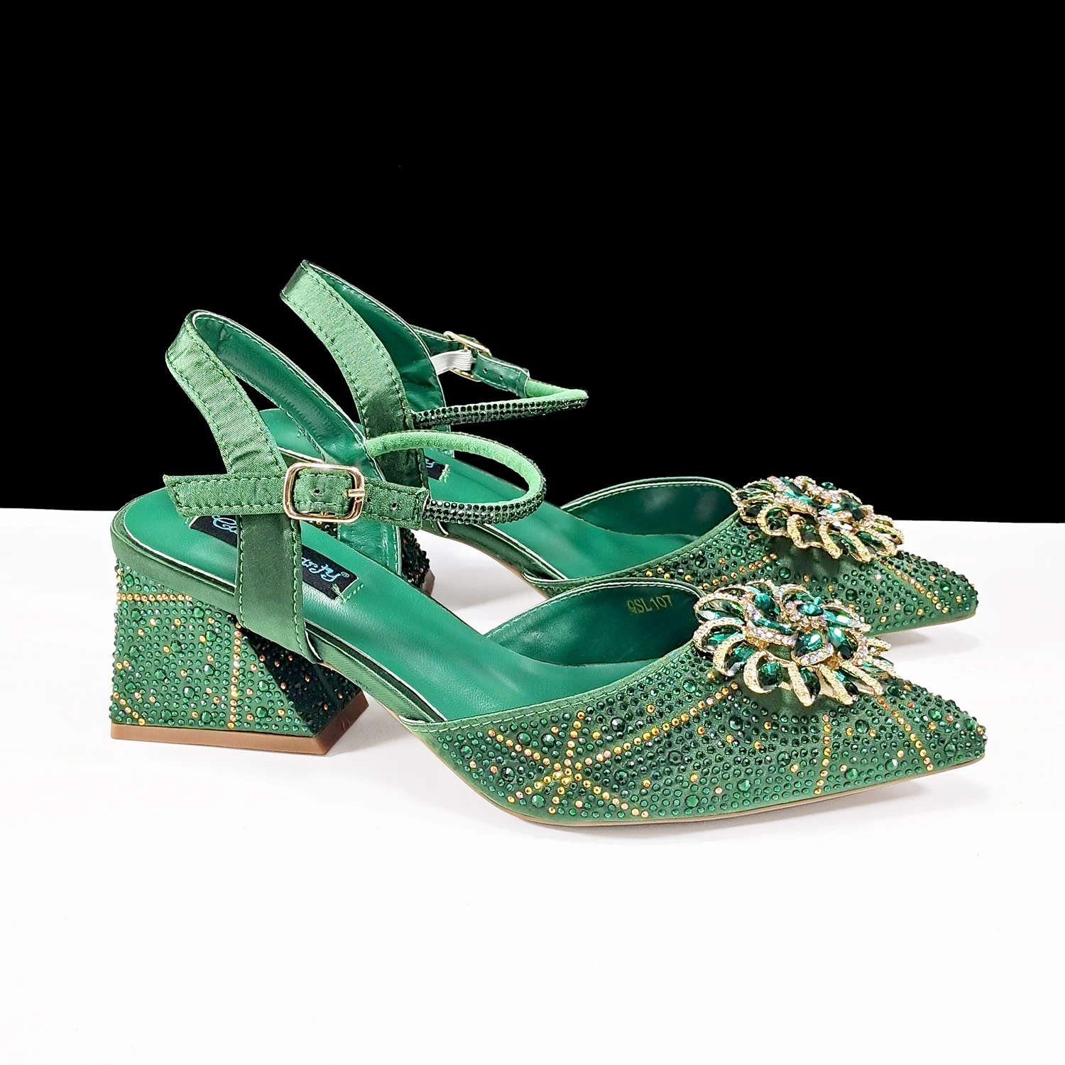 QSGFC Green Color Pointed-Toe High Women Heels Shoes and Bags for Women Rhinestone Evening Party Elegant Luxury Handbag