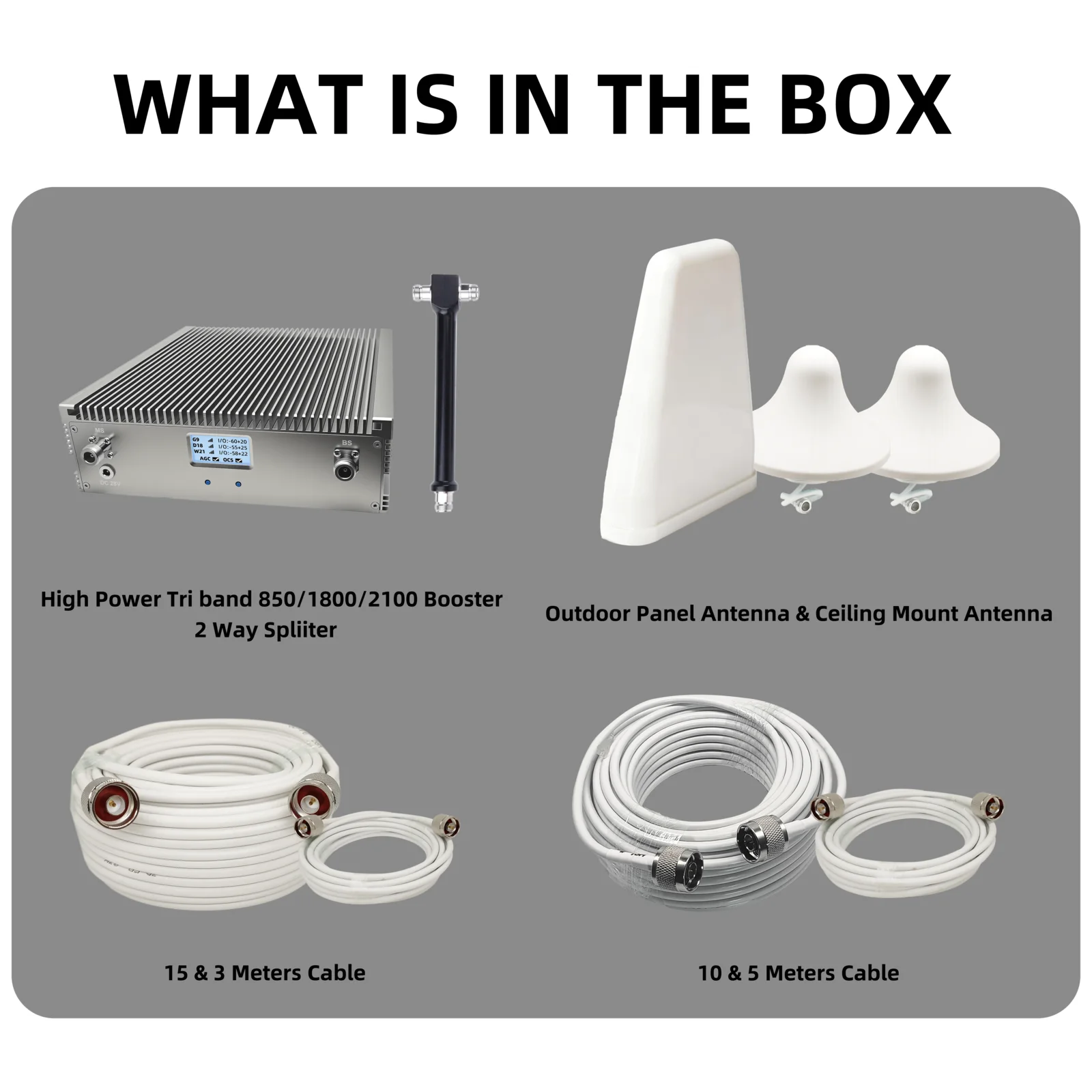 멀티씬 이지부스트 트라이밴드 부스터 키트 80dB 최대 게인 27dBm 출력 전력 850/1800/2100MHz 2G/3G/4G/5G GSM 가정 및 사무실용