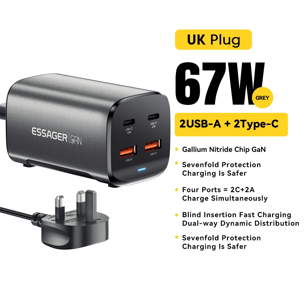 Enhanced 67W USB-C GaN Fast Charger with Quick Charge 4.0 & PD Technology