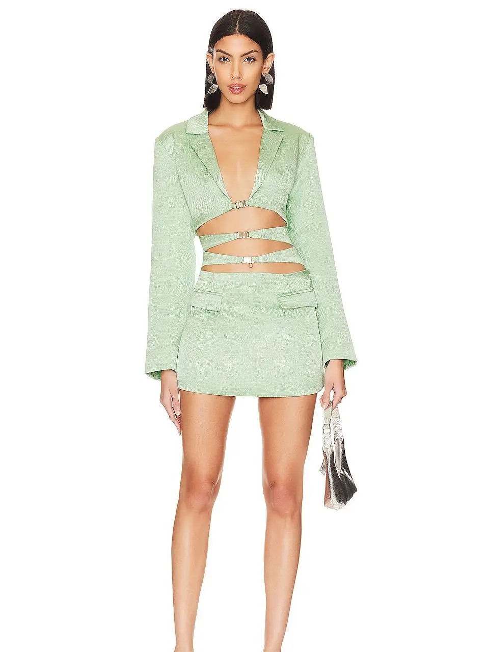 

2023 Spring Mint Color Diagonal Collar Sexy Hollow Out Buttons Mini Suit Dress Fashion Woman Weekends Party Vestido Club Outfit
