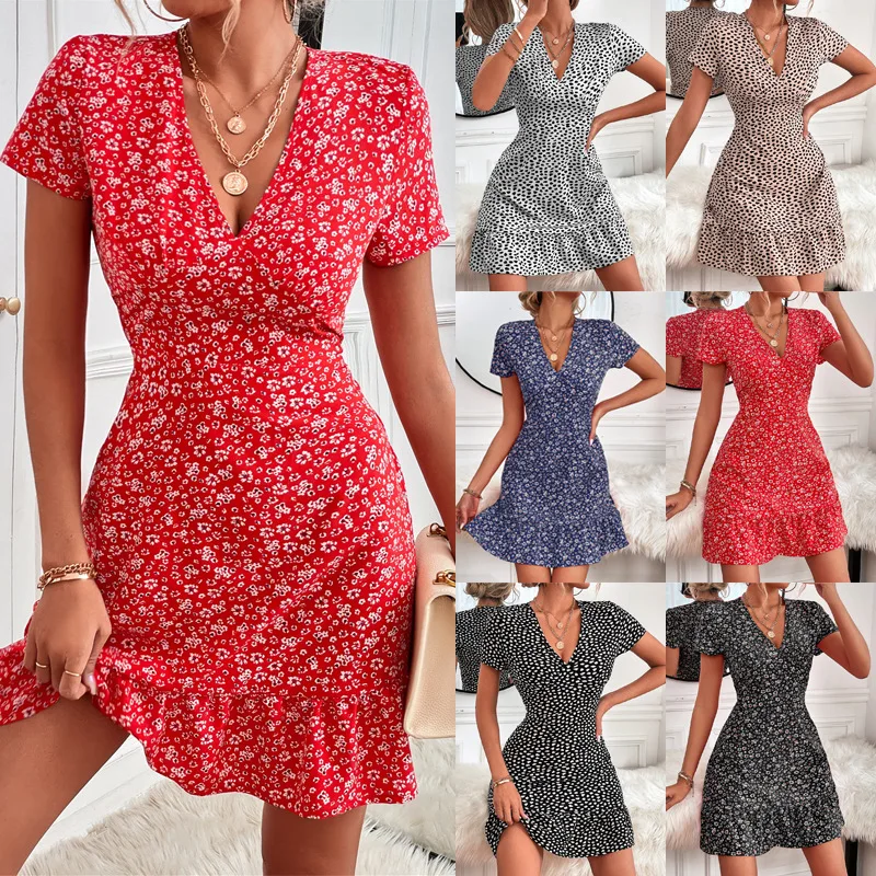 

Summer New V-neck Geometric Dotted Floral Women Dress Ruffle Decoration X-type Sexy Country Casual Style