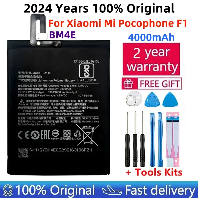 

2024 Years 100% Original Phone Battery BM4E For Xiaomi Mi Pocophone Poco F1 4000mAh Replacement Batteries Free Tools