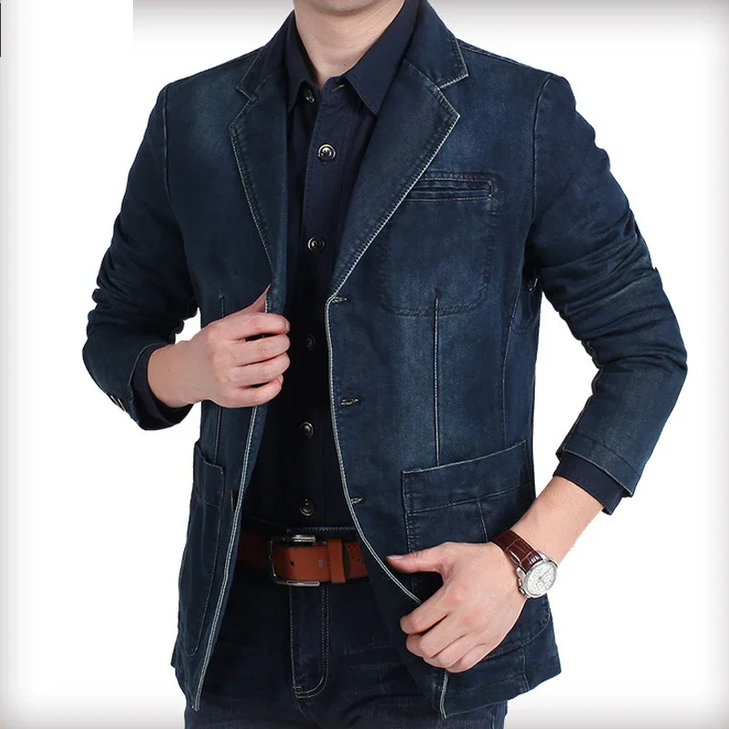 Spring Fall Smart Casual Mens Full Sleeve Suit Collar Blue Denim Blazer , 3xl 4XL Autumn Male Cotton Jeans Blazers Coats For Man