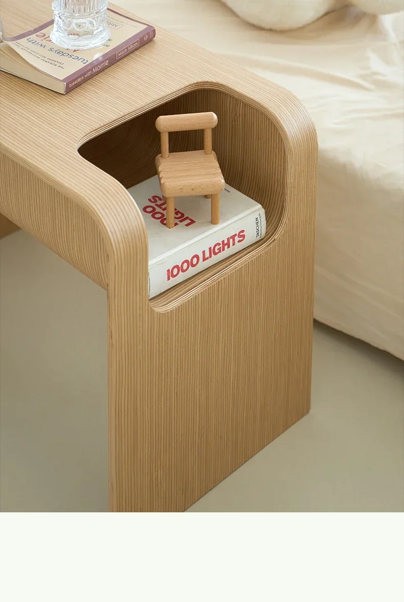 Solid Wood C-Shaped Side Table with Storage