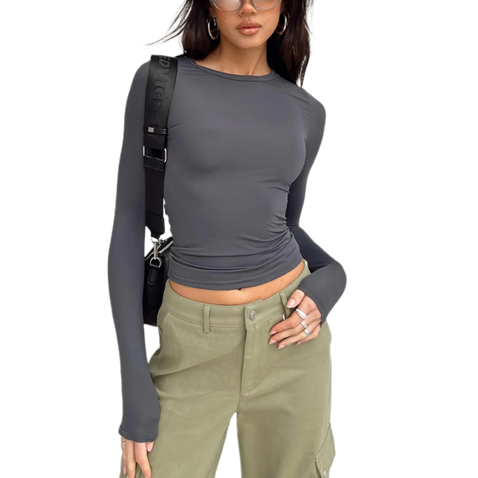 

Women's Casual Long Sleeved T-shirt, Solid Color Slim Fit Pullover, Street Style Bottom Shirt, Top