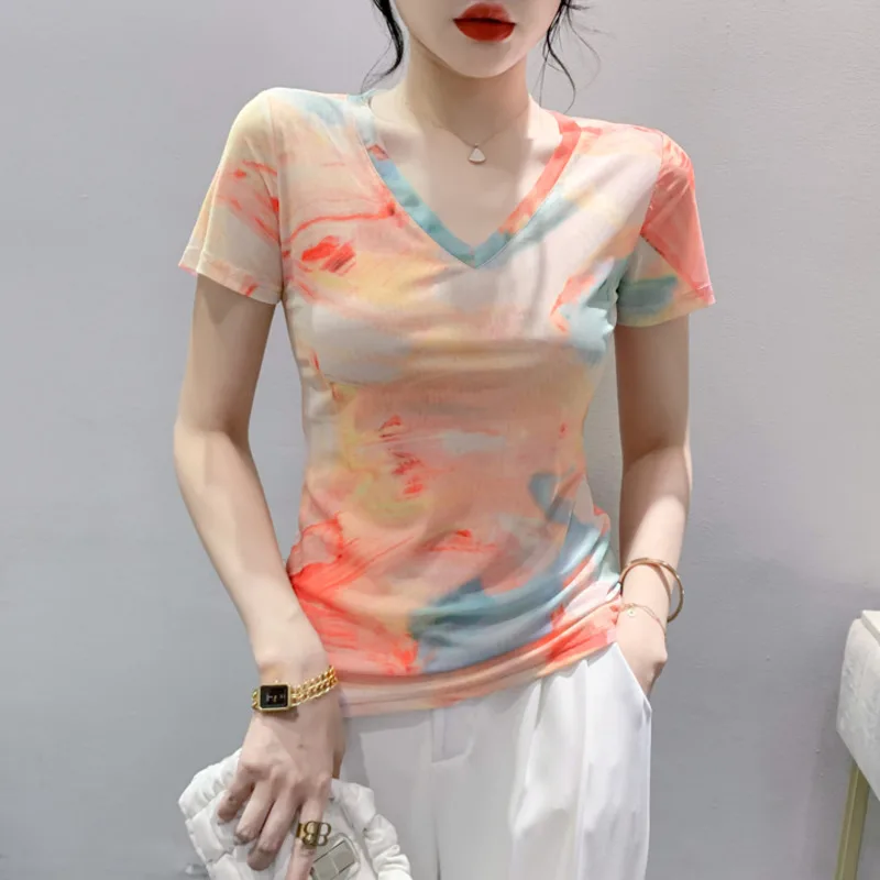 

#6795 Summer Streetwear Mesh T Shirt Women V-neck Sexy Skinny Short T-shirt Female Tie Dye Office Tshirt Short Sleeve Thin