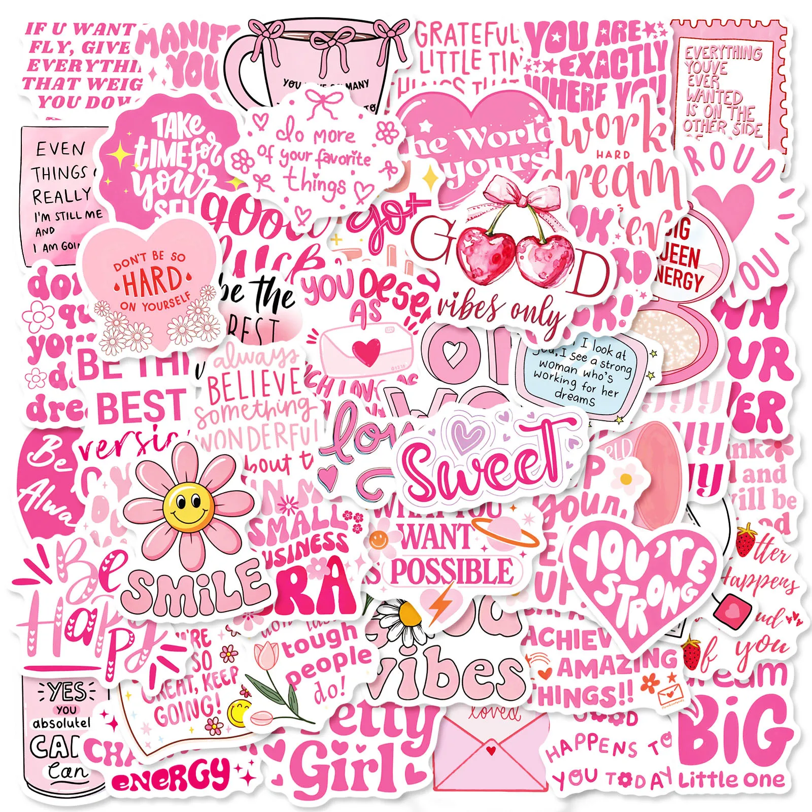 Motivational Pink Cartoon Quote Stickers - 50 Pack Inspirational Decals