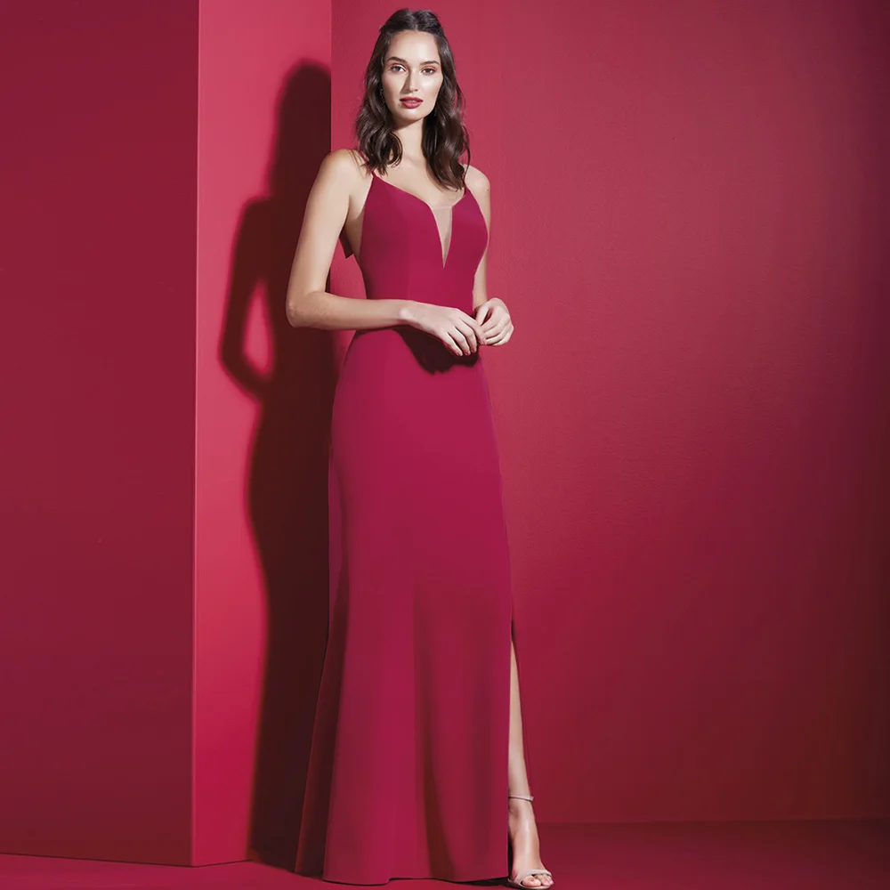 

Женское вечернее платье с глубоким V-образным вырезом, розово-красное ТРАПЕЦИЕВИДНОЕ ПЛАТЬЕ на бретелях-спагетти с разрезом сбоку, для гостей свадьбы, 2023