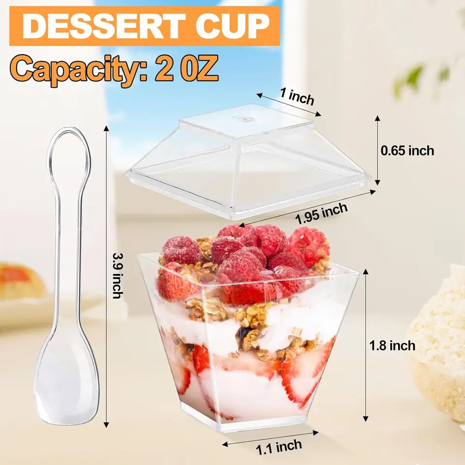 Tazze Dessert Plastica 50 Tazze Da Dessert, 160 Ml, In Plastica Con Coperchio, Cucchiai E Adesivi, Mini Tazza Trasparente, Riutilizzabile, Feste Di Compleanno Tazze Riutilizzabili Per Matrimoni