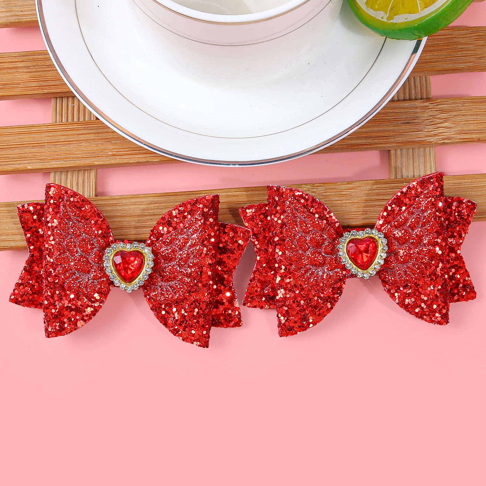 2/6 stücke Süße Herz Haar Bögen Clips Valentinstag Kristall Herz Bögen Clips Haarspangen für Kinder Kinder Party haar Zubehör – Detail 8