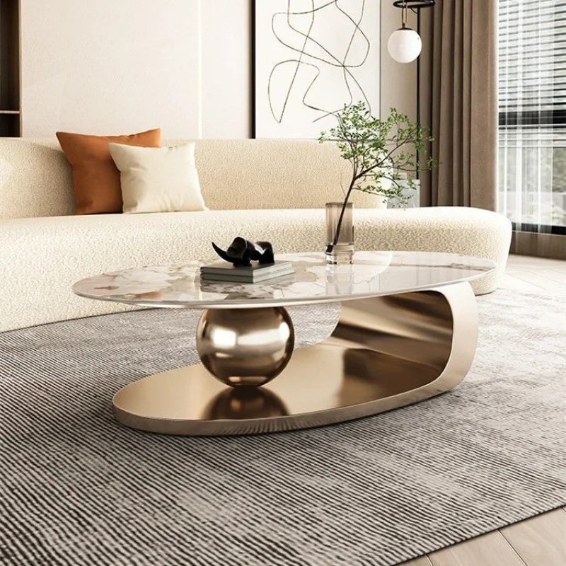 Contemporary Home Oval Gold Top Center Table Metal Living Room Furniture Modern Luxury Marble Slate Coffee Table