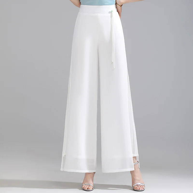 ZUZK Double Layer Chiffon Pants Fashion Slit Chiffon Pants Spring Summer Comfortable Elastic Waist Slim Chic Droop Pants