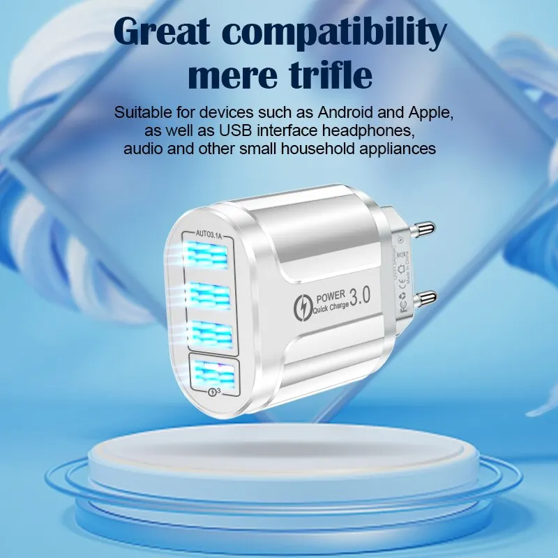 4 Ports 38W USB Charger USB A Charger US/EU Plug Fast Charging Quick Charge 3.0 for iPhone Samsung
